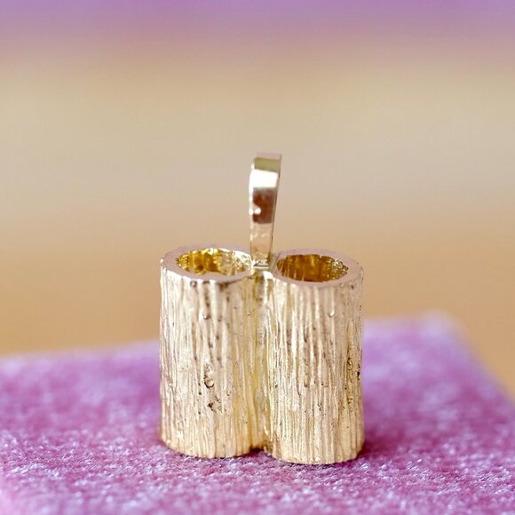 14K Real Yellow Gold Bark Finish Set with Genuine Diamonds Pendant - Picture 5 of 12